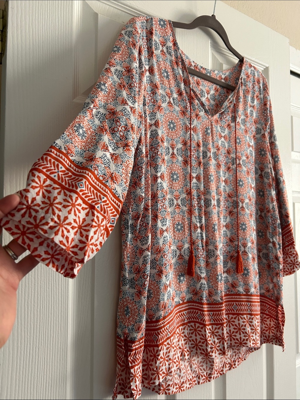 Boho Medallion Print Tunic M/L Rayon Tassel Tie Peasant Blouse - Picture 5 of 12